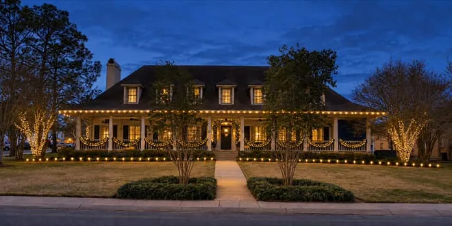 Rendering of the Alpha Delta Pi house with wraparound roof and ground lighting, wrapped crepe myrtles and garland on the rails