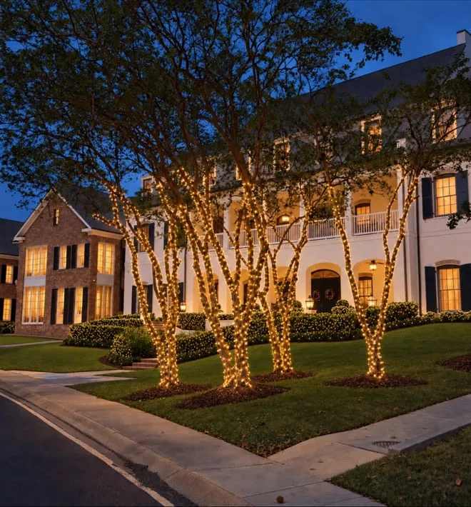 Rendering of the Kappa Kappa Gamma house with wrapped crepe myrtles and lit shrubs at dusk
